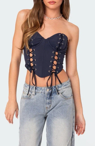 Edikted Mckenna Lace-up Strapless Corset Crop Top In Navy