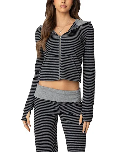 Edikted Meggy Striped Zip Up Hoodie In Black-and-gray