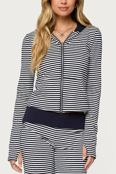 Edikted Meggy Striped Zip Up Hoodie In Navy/and/white, Women's At Urban Outfitters In Multi
