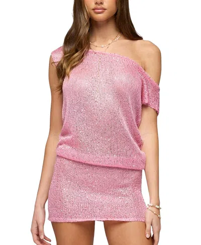 Edikted Mel Sequin One-shoulder Knit Minidress In Pink