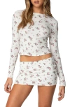 Edikted Melany Floral Waffle Long Sleeve T-shirt In Cream