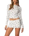 Edikted Melany Floral Waffle Long Sleeve T-shirt In Cream