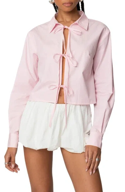 Edikted Melrose Cotton Tie Front Shirt In Light-pink