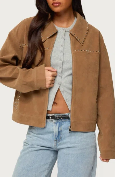 Edikted Memphis Studded Faux Suede Jacket In Brown