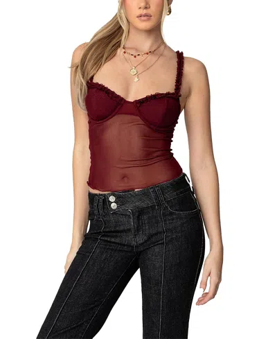 Edikted Mercy Sheer Mesh Bra Top In Burgundy