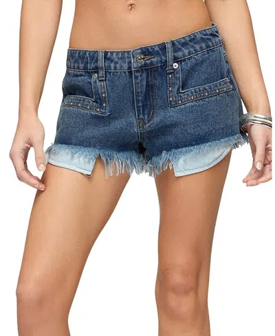 Edikted Meshy Studded Cutoff Denim Shorts In Blue