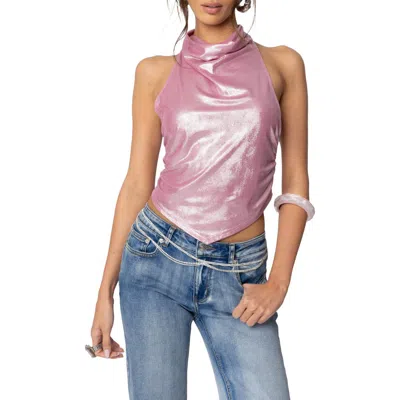 Edikted Metallic Cowl Neck Halter Top In Pink