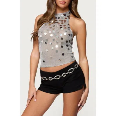Edikted Metallic Paillette Sequin Open Back Halter Semisheer Crop Top In Silver