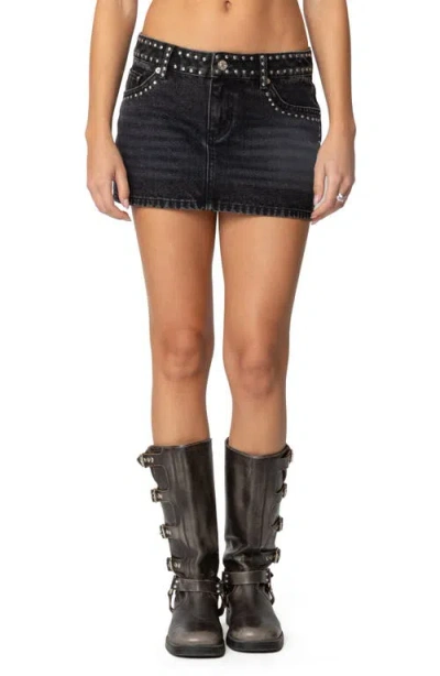 Edikted Mia Stud Denim Miniskirt In Black-washed