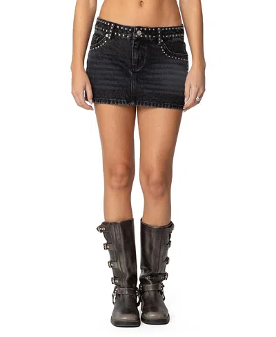 Edikted Mia Studded Denim Mini Skirt In Black Washed