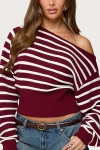 Edikted Mika Stripe Oversize Off The Shoulder Sweater In Burgundy