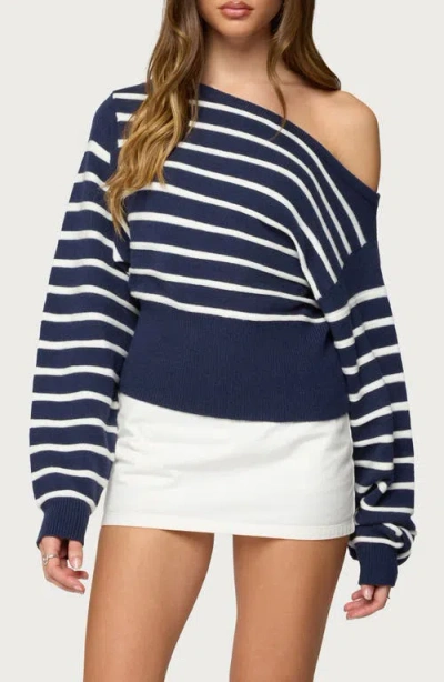 Edikted Mika Stripe Oversize Off The Shoulder Sweater In Blue