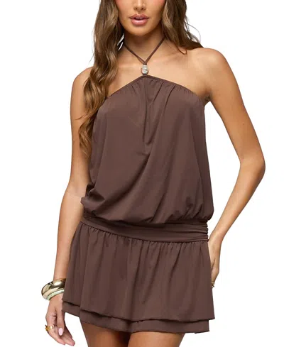 Edikted Mikaela Drop Waist Mini Dress In Brown