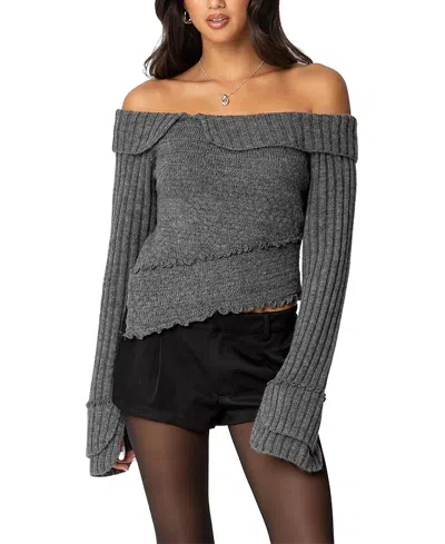 Edikted Mikkie Asymmetric Fold Over Knit Top In Gray