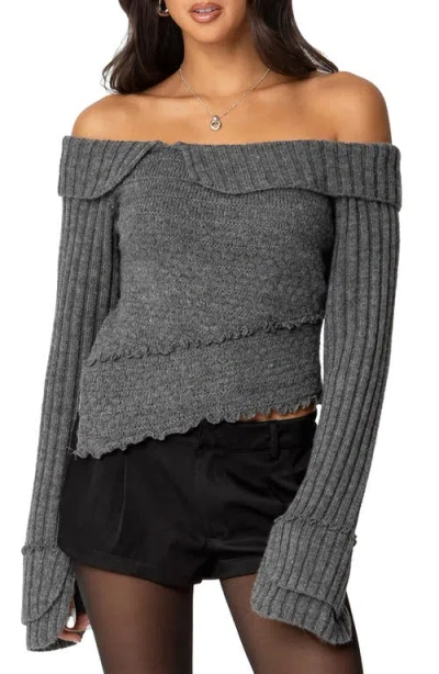 Edikted Mikkie Asymmetric Foldover Sweater In Dark-gray