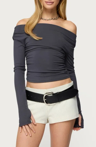 Edikted Milane Ruched Off The Shoulder Top In Gray