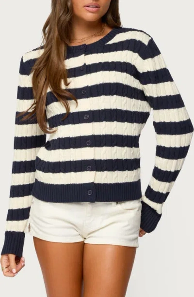 Edikted Mildred Stripe Cable Stitch Cotton Cardigan In Blue