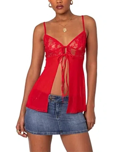 Edikted Mimosa Sheer Lace Long Tank Top In Red
