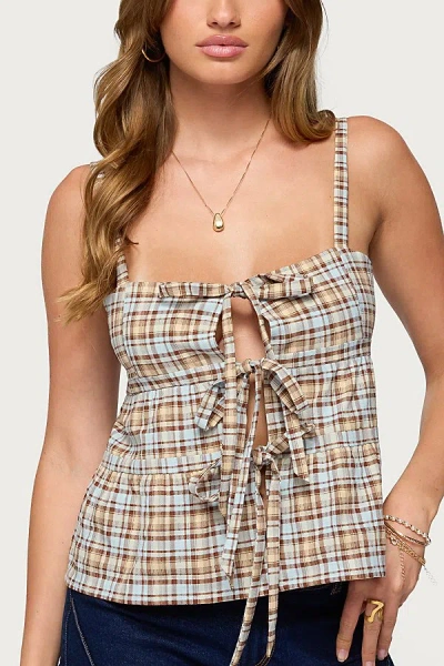 Edikted Mirena Tie Front Plaid Top In Mix, Women's At Urban Outfitters In Multi