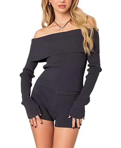 Edikted Women's Miriam Fold Over Knit Top In Dark-gray