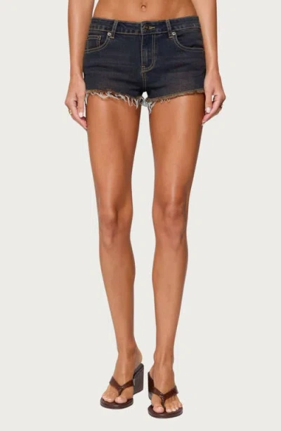 Edikted Mistie Frayed Cutoff Denim Micro Shorts In Blue