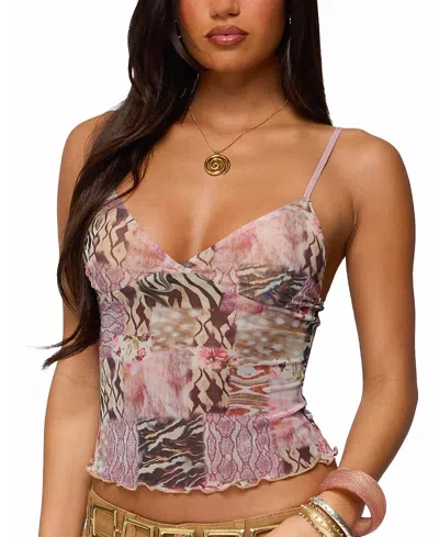 Edikted Mixed Animal Print Mesh Camisole In Brown
