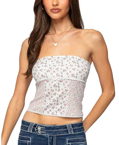 Edikted Mixed Floral Pointelle Tube Top In White
