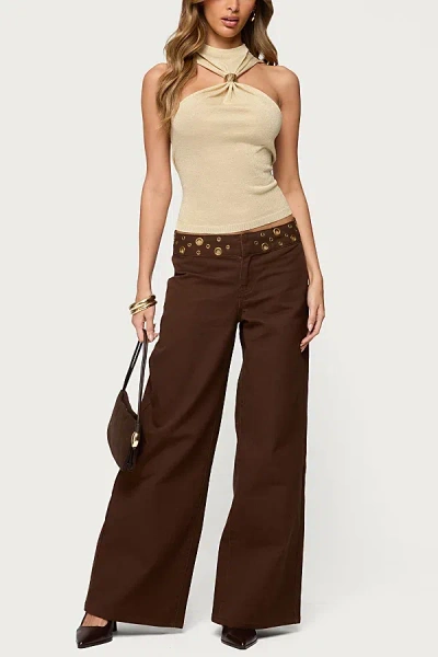 Edikted Mixed Grommet Low Rise Wide Leg Jeans In Brown/washed, Women's At Urban Outfitters