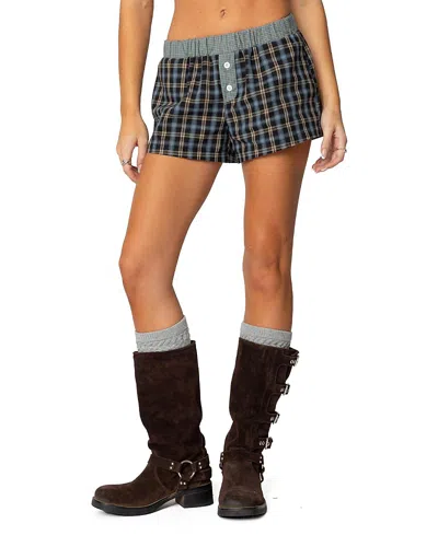 Edikted Mix Plaid Cotton Boxer Shorts In Blue