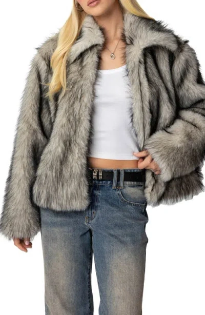 Edikted Mob Wife Faux Fur Jacket In Black-and-white