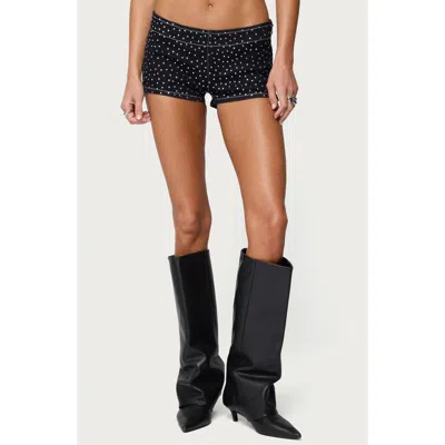 Edikted Moirah Rhinestone Denim Micro Shorts In Black