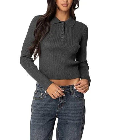 Edikted Mollie Collared Ribbed Knit Top In Green-melange