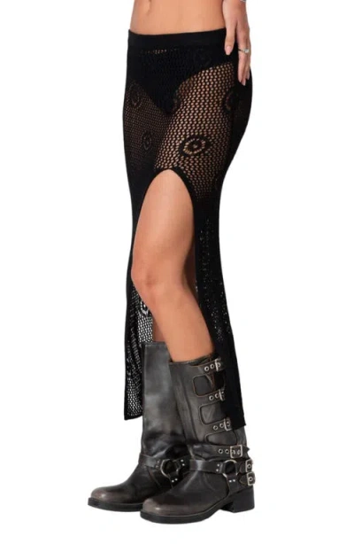 Edikted Monica Sheer Slit Crochet Midi Skirt In Black