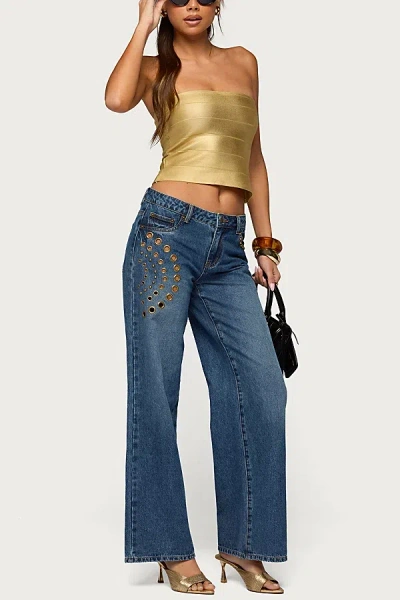 Edikted Monika Stud & Grommet Low Rise Baggy Jeans In Blue/washed, Women's At Urban Outfitters