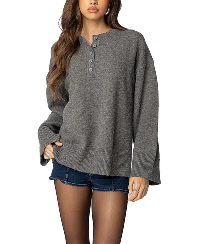 Edikted Montana Half Button Oversize Sweater In Gray-melange