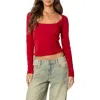 Edikted Mora Lace Trim Ribbed T Shirt In Red