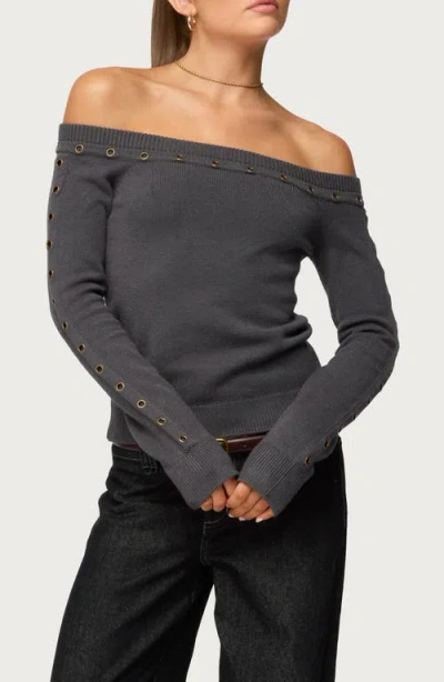 Edikted Morgen Grommet Embellished Off The Shoulder Sweater In Gray