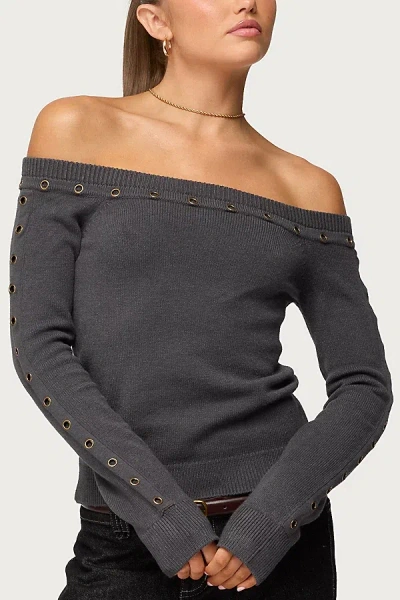 Edikted Morgen Grommet Off Shoulder Knit Top In Dark/gray, Women's At Urban Outfitters