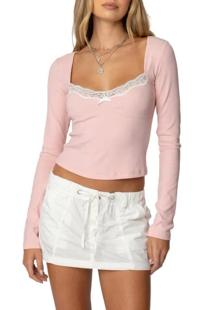 Edikted Morgyn Lace Trim Rib Crop Top In Light-pink