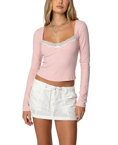 Edikted Morgyn Lace Trim Rib Crop Top In Light-pink