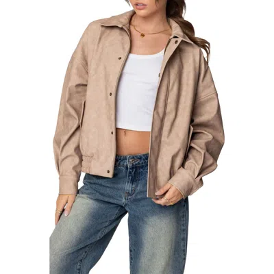 Edikted Mori Oversize Faux Leather Jacket In Beige