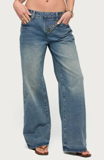 Edikted Moxlan Slant Button Low Rise Wide Leg Jeans In Blue