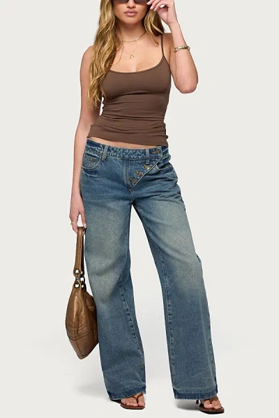 Edikted Moxlan Slanted Button Low Rise Baggy Jeans In Blue/washed, Women's At Urban Outfitters