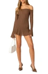 Edikted Mya Long Sleeve Off The Shoulder Lace Minidress In Brown