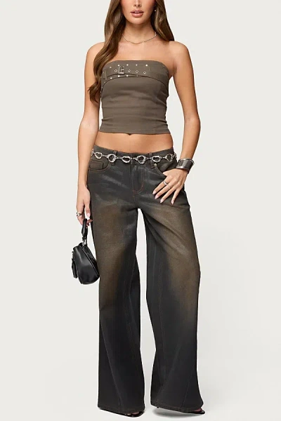 Edikted Nadiya Belted Strapless Cotton Twill Top In Gray