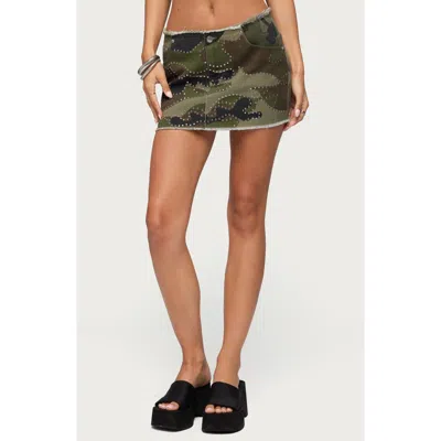 Edikted Nadyah Studded Camo Denim Mini Skirt In Green