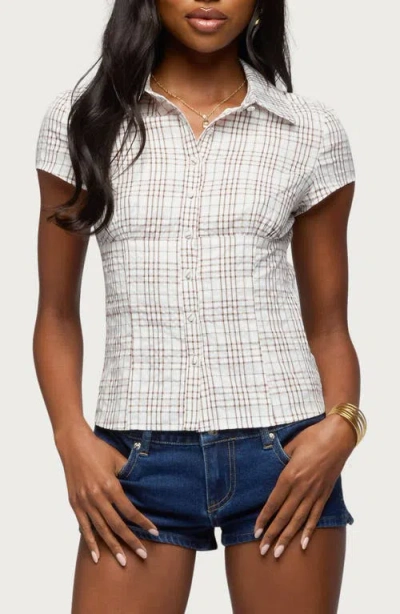 Edikted Naiah Plaid Short Sleeve Tailored Cotton Blend Button-up Shirt In White