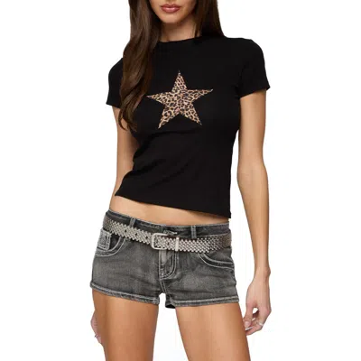 Edikted Narla Leopard Print Star Stretch Cotton T-shirt In Black