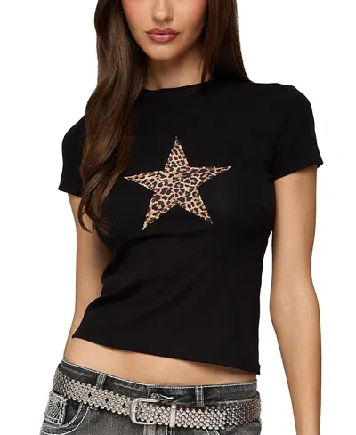 Edikted Narla Leopard Print Star Stretch Cotton T-shirt In Black