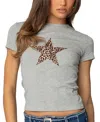 Edikted Narla Leopard Print Star Stretch Cotton T-shirt In Gray-melange